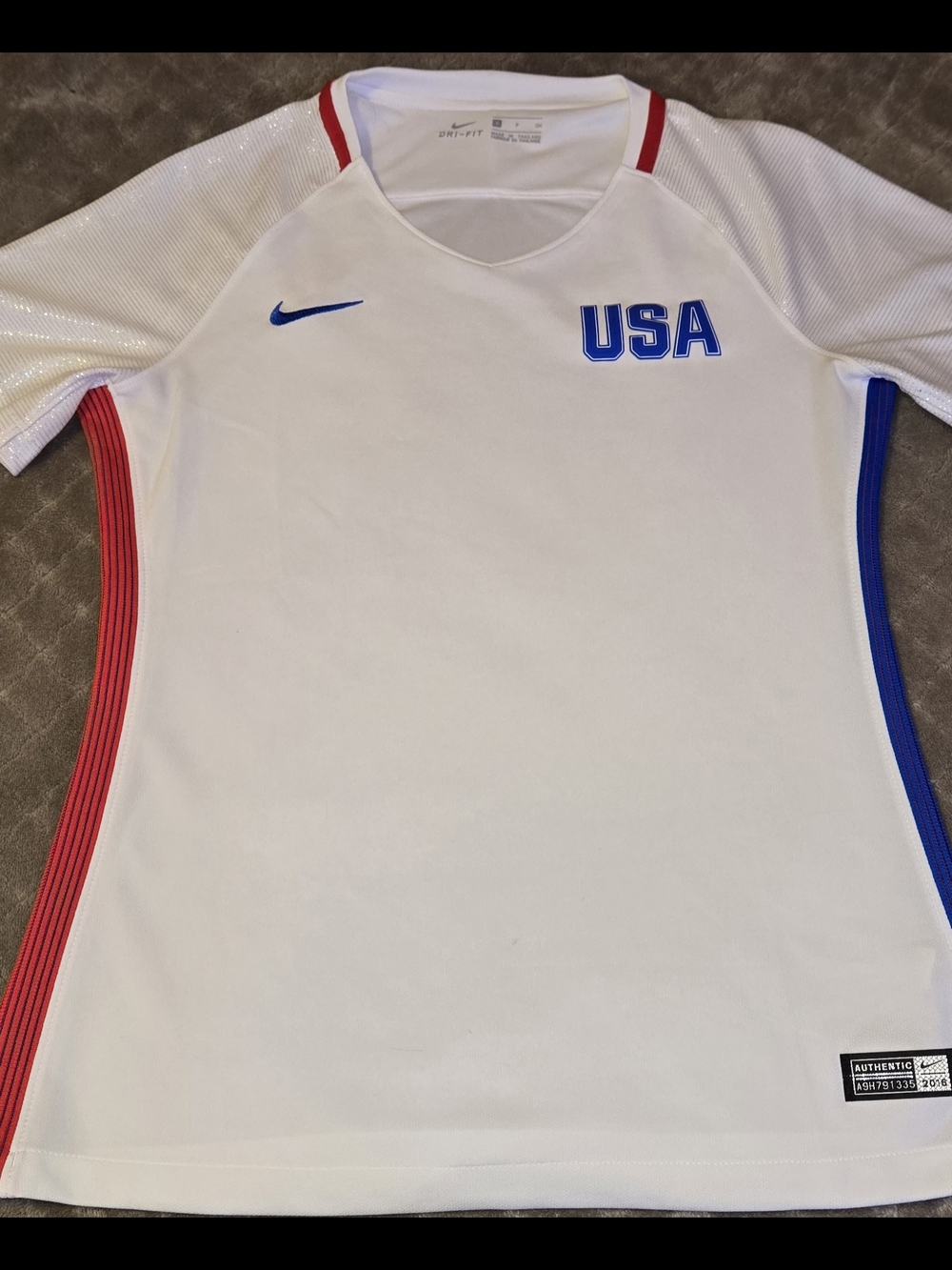 Nike Womans USA White Athletic Shirt with Red & Blue Trim